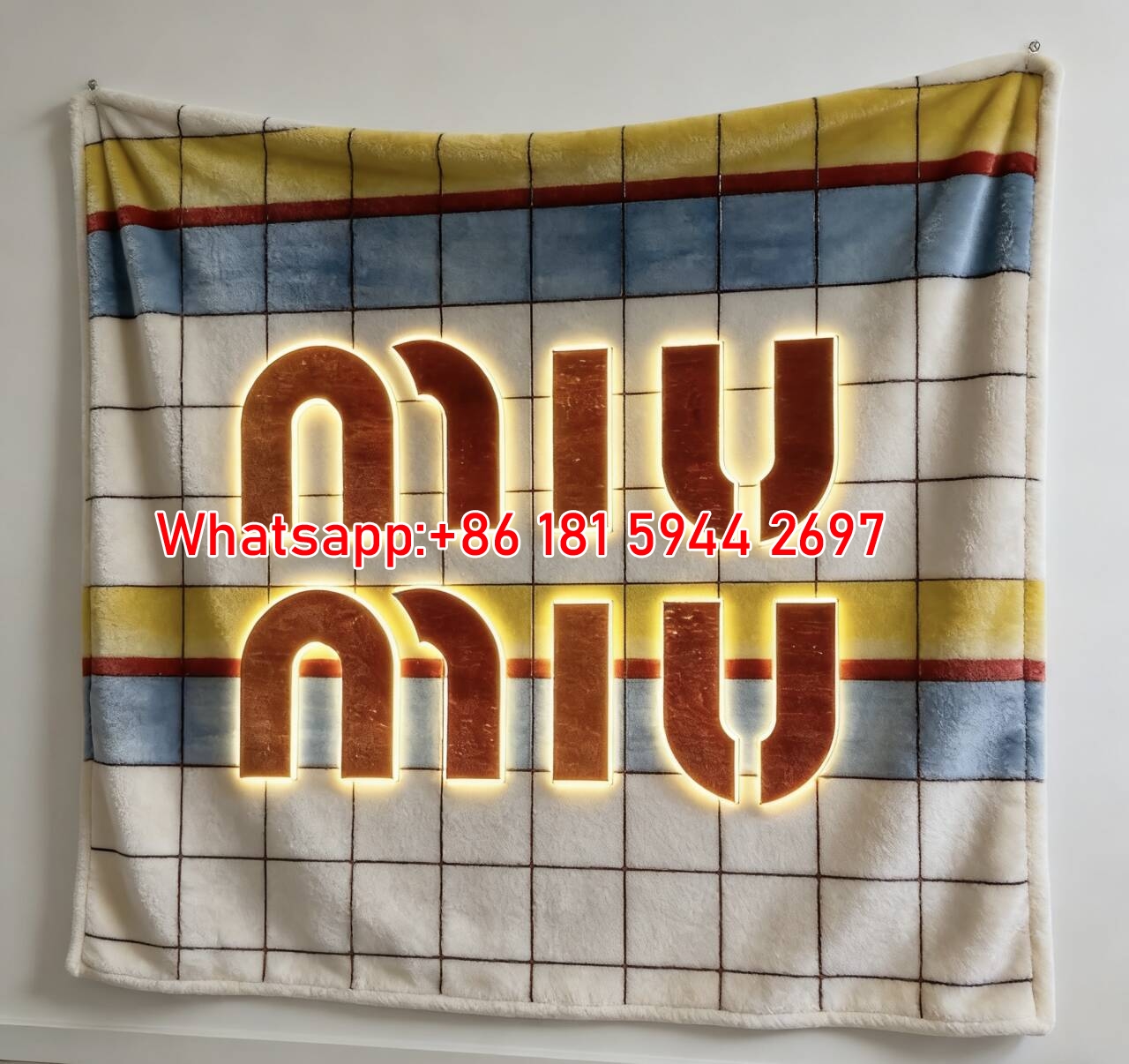 Miu Miu Retro Tile Wall Logo Blue Yellow Red Flannel Throw Blanket Miu Miu Neon Light Printed Sofa Blanket IMG_0426